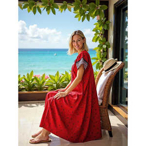 Robe de nuit maxi Evolve pour femme 100 % coton, en popeline tissée, imprimée, à manches courtes et longueur intégrale avec poche latérale - Product Image 4