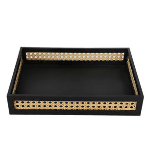 Ensemble de plateaux de service en MDF noir de luxe et en rotin, plateau décoratif pour la salle de séjour, la cuisine, plateau de service pour la nourriture - Product Image 1