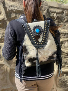 Mochila de cuero de piel auténtica hecha a mano para el pelo, mochila de piel de vaca auténtica Unisex, mochila occidental con flecos, bolsas con cordón - Product Image 3