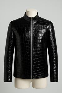 Veste en cuir de vachette véritable embossée crocodile raffinée, offrant une texture nette, un toucher premium et un aspect élégant - Product Image 3