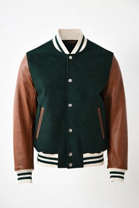 Wholesale Custom Embroidered Varsity Jacket Men Women Green <b>Wool</b> Body <b>Brown</b> Leather Sleeves Striped Rib Knit Classic Letterman - Product Image 6