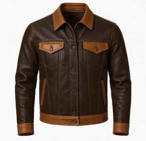 Veste en cuir pour homme, col montant, logo sur le devant, vêtement d'extérieur décontracté d'hiver, surface respirante et lisse, design contemporain - Product Image 1