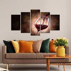 Tableau sur toile moderne avec verre à vin rouge : Impression élégante pour la décoration de cuisine, lot de 5 tableaux sur toile assortis - Product Image 1