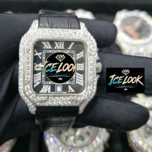 ICE LOOK JEWELERY นาฬิกาควอทซ์คริสตัลแซฟไฟร์ประดับเพชรทรงสี่เหลี่ยมสำหรับผู้ชาย 20 มม. หนังสีดำ 38 มม. แสดงวันที่แบบอนาล็อก - Product Image 5