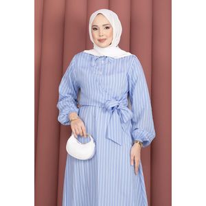 Vestido Hijab Modesto a Rayas con Lazos Laterales en Azul Bebé - Product Image 2