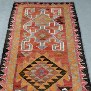 Vintage 3.5x10.4 ft Rug, Turkish <b>Runner</b> Rug, <b>Red</b> Check Rug - Product Image 5