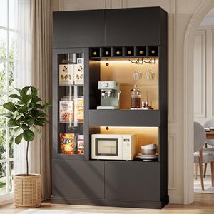 <span class=keywords><strong>Meuble</strong></span> de <span class=keywords><strong>cuisine</strong></span> haut noir moderne avec support pour micro-ondes, bar à café LED, casier à vin et vitrine à verres - Product Image 4