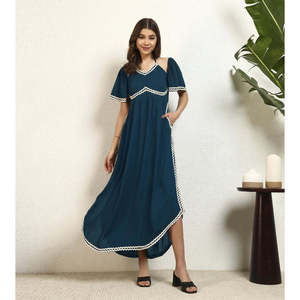 Deebaco Women's Navy Blue Off-Shoulder Maxi <b>Dress</b> With Contrast Binding Loose Boho Style Chiffon Summer Casual One Piece <b>Dress</b> - Product Image 6