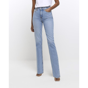 Pantalones vaqueros rectos informales lavados de cintura alta para mujer, pantalones vaqueros ajustados personalizados para niñas, pantalones vaqueros - Product Image 1