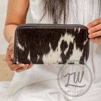 Cartera de Mano de Cuero Genuino para Mujer LW 2024 con Pinzas para Billetes, Cierre de Cremallera con Patrón Geométrico y Diseño Moderno