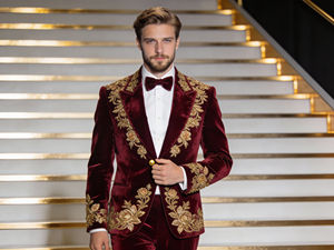 Costume en velours marron pour homme, veste de smoking brodée de fleurs dorées et pantalon assorti, tenue de mariage et de réception - Product Image 2