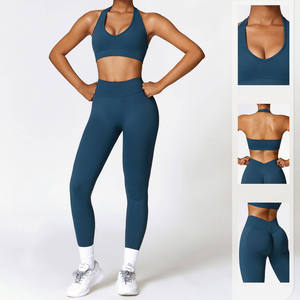 Ensembles d'entraînement côtelés à col en O pour femmes, vêtements d'entraînement de gymnastique sans couture, ensemble de yoga et soutien-gorge de sport, leggings et pantalons de yoga, ensemble de 2 pièces - Product Image 2
