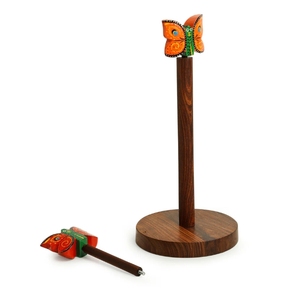 Vibrant Flutter 'Porte-rouleau de mouchoirs de cuisine artisanal en bois de Sesham Porte-serviettes Distributeur de rouleaux de comptoir Base antidérapante - Product Image 5