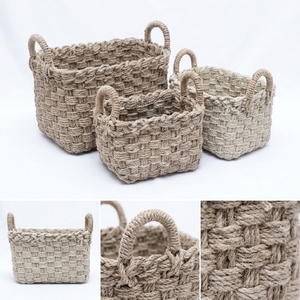 Natural Seagrass <b>Storage</b> <b>Basket</b> Set Chunky Braided Cord <b>Rectangular</b> Bin Arch Handle Tabletop Planter Pure Art Setup Room Decor - Product Image 2