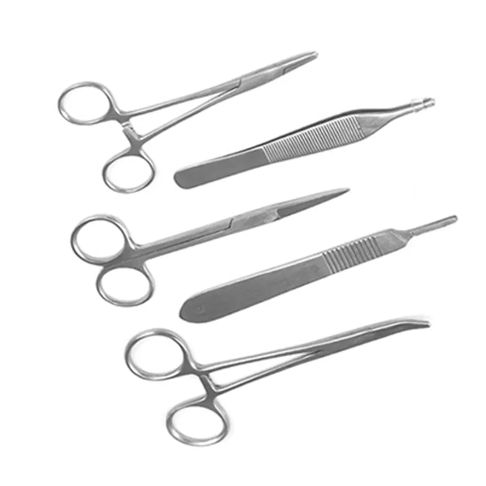 Özel yapılmış cerrahi kitleri 5 adet Metal çelik makas cımbız ölçekleyici forseps ve sütür pedi ile diğer cerrahi alet takımı