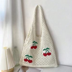 Bolso Tote de Gran Capacidad Tejido a Crochet con Diseño de Cerezas para Verano 2025, Bolso de Hombro Tejido Calado para Playa - Product Image 1