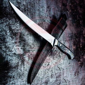 Couteau de cuisine à fileter de pêche à lame fixe en acier damas de qualité supérieure avec manche en bois et étui en cuir - Product Image 2