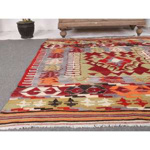 Alfombra Turca Vintage de 4.4x5.2 pies (134x159 cm), Alfombra de Lana Roja Kilim - Product Image 5