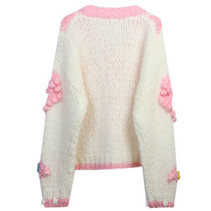 Cárdigan de punto a mano para mujer, cuello en V, ajuste holgado, con contraste de color y flores tejidas, Colección Otoño/Invierno 2024 - Product Image 3