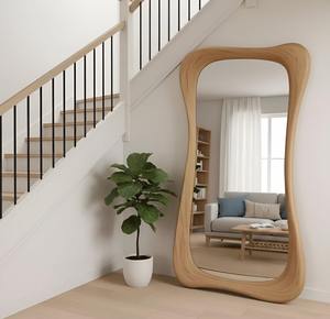 Miroir mural rond de style Art déco, léger, écologique, fait à la main, avec cadre en bois massif de noyer rustique - Product Image 1