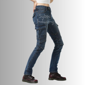 Pantalon de moto pour femme avec protection Design de genou pré-incurvé élégant Pantalon de moto en denim coupe ajustée pour l'équitation de longue distance - Product Image 2