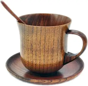 Đĩa tròn với cốc Cappuccino tròn cốc cà phê bằng gỗ với đĩa lò vi sóng và máy rửa chén an toàn hoàn hảo cho khách sạn 2023