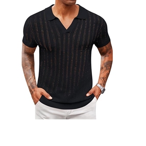 Chemise à col en V tricotée pour homme, 100 % coton, écologique, respirante, confortable, manches courtes, production en gros - Product Image 2