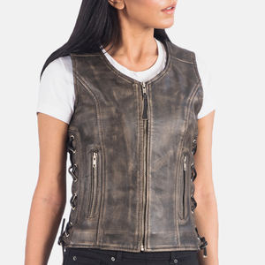 Gilet de motocycliste à col en V d'hiver en cuir marron respirant pour femmes avec dentelle latérale et fermeture à glissière avant - Product Image 1