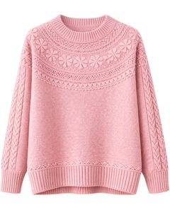 Pull en tricot jacquard rose blush personnalisé, texture florale, col rond, manches longues, pull d'hiver pour femmes, vente en gros personnalisée - Product Image 1