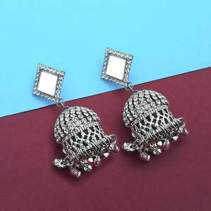 Jeweljunkm Silver Plated Jhumki <b>Earrings</b> with Stone Mirror <b>Fashion</b> <b>Chandelier</b> Style-1314915 - Product Image 1