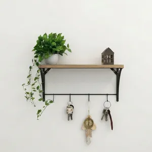Handmade Eco-Friendly Mango Wood Wall <b>Shelf</b> with <b>Hooks</b> for Keys Minimalist Design Rectangle Shape Durable Material Multifunction - Product Image 6