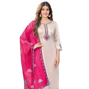 Dernière collection de Kurtis et pantalons pour femmes en soie premium brodée à la main, multicolores, avec dupatta en organza numérique, vêtements indiens et pakistanais - Product Image 1