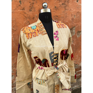Bata de baño corta con estampado de animales para mujer, abrigo de algodón tejido a mano, kanta étnica, chaqueta de invierno hecha a mano, venta al por mayor - Product Image 4
