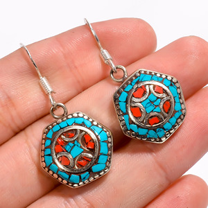 Pendientes de piedras preciosas de turquesa natural, pendientes hechos a mano nepalíes de plata tibetana, joyería alemana - Product Image 2