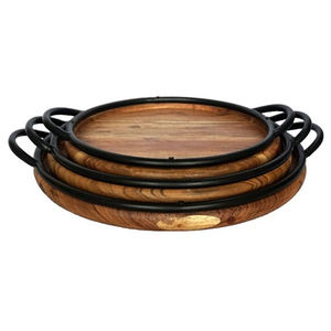 ถาดเสิร์ฟอาหารไม้ทรงกลมขนาดใหญ่พร้อมที่จับโลหะถาดตกแต่ง - Product Image 4