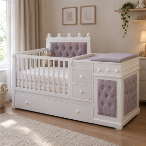 Lit bébé en bois personnalisé avec tiroir de rangement, lit convertible pour nourrisson, meubles de chambre d'enfant en bois massif avec panneaux rembourrés - Product Image 2