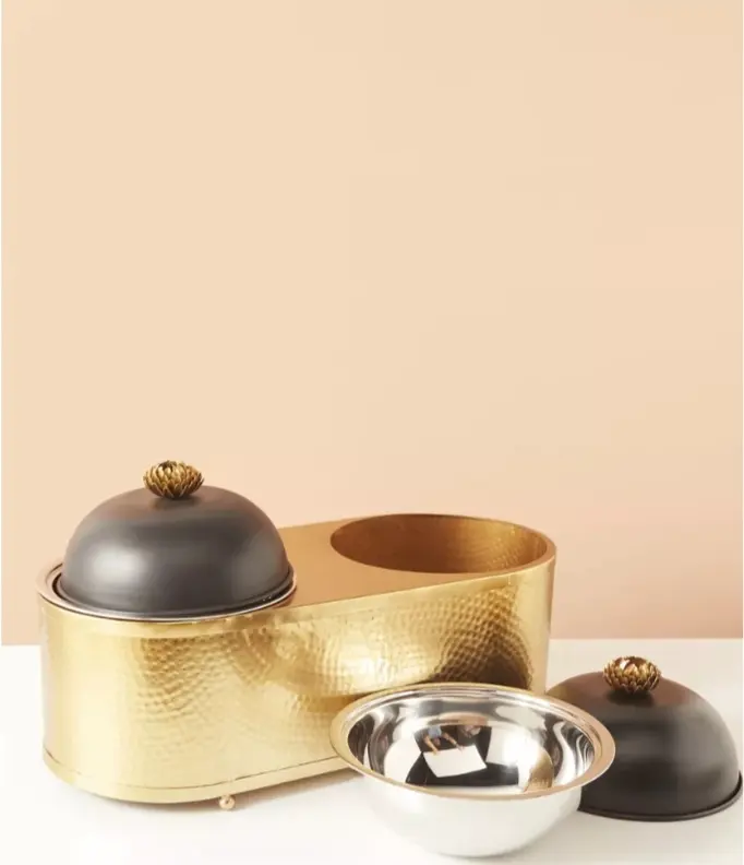 High Standard Hand made hammed design Food Serving Insulated Hot Pots Golden Finished Stainless Steel Hot Pot With Stand