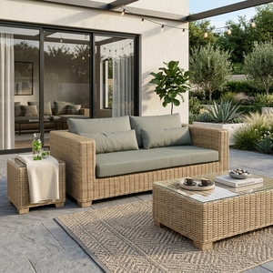 Natural Woven <b>Rattan</b> Outdoor 2 Seater <b>Sofa</b> Grey Cushion Wide Track Arm Loveseat Patio Setup Decor Pure Art Room Design - Product Image 3