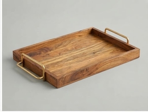 Plateau décoratif en bois rectangulaire rustique fait main avec poignées en laiton, pièce unique - Product Image 3