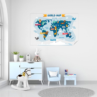 Mapa del mundo con temática de animales para niños, Material de poliestireno duradero reutilizable que mantiene la superficie con electricidad estática