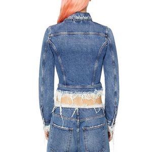 Chaqueta vaquera de camionero ajustada talla XL para mujer azul oscuro encaje desgastado dobladillo deshilachado invierno cierre de cremallera algodón Jean otoño - Product Image 2