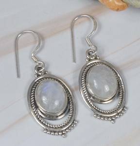 High Quality Silver Sterling 925 Earrings White Oval Cut Bezel Setting <b>Rainbow</b> Moonstone Dangle Drop Gemstone Wholesale For Her - Product Image 2