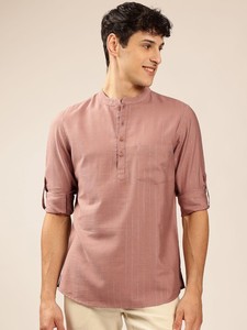 Hombres auto rayas Zari hilo trabajo mandarín collar Kurta corto Kurta Poliéster Viscosa manga larga dobladillo curvo Kurta para hombres - Product Image 5