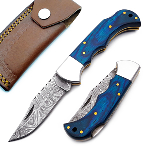 Handmade Damascus Steel Pocket <b>Knife</b> With Blue PakkaWood Handle Back Lock <b>Folding</b> <b>Knife</b> Leather Sheath Hunting Camping <b>Utility</b> - Product Image 1