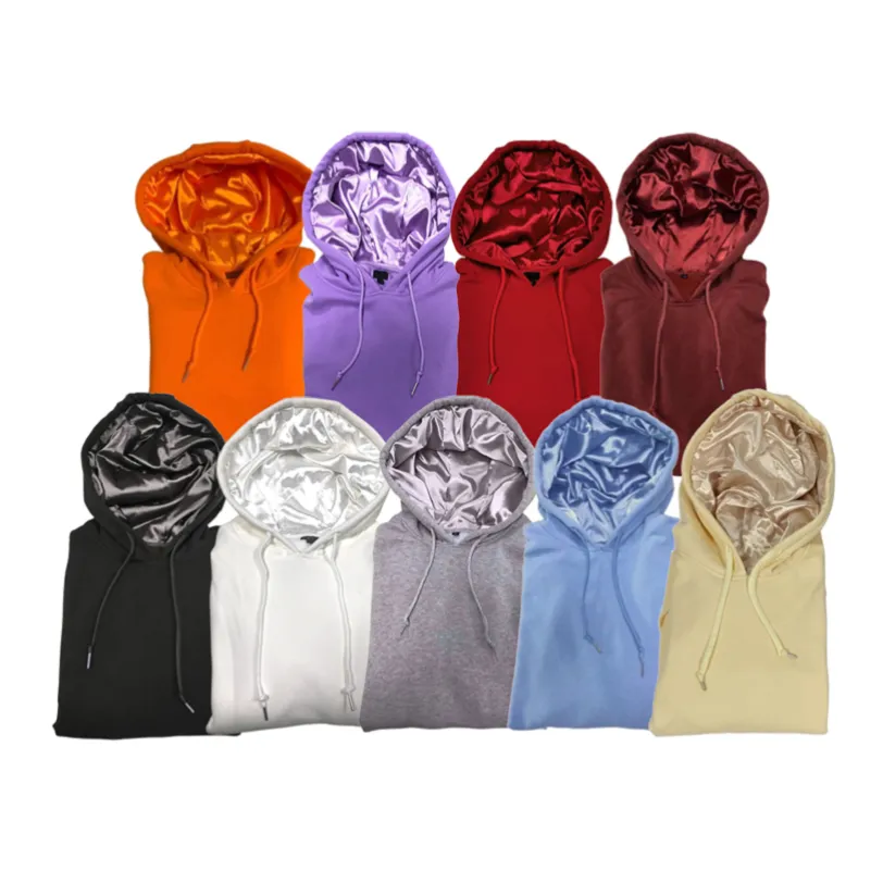 Doublure en satin personnalisée de haute qualité en coton unisexe pour hommes Logo personnalisé brodé décontracté fermeture éclair en soie à l'intérieur de la capuche doublé en satin