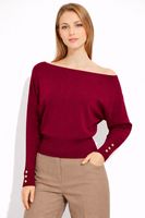 Pull en maille élégant pour femme à col bateau et manches chauve-souris - Haut ample côtelé chic avec poignets à boutons dorés