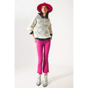 Jean évasé fuchsia à ourlet brut en denim respirant, style décontracté urbain, taille élastique, taille mi-haute, taille XL - Product Image 1