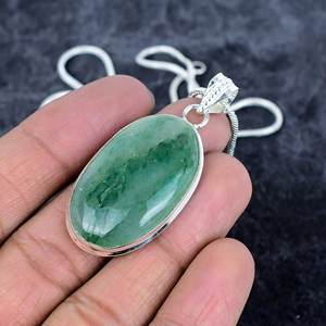 Men's Women's Bohemian Style 925 Sterling Silver Pendant <b>Necklace</b> <b>Green</b> Aventurine Gemstone Trendy Oval Shape for Engagement - Product Image 3