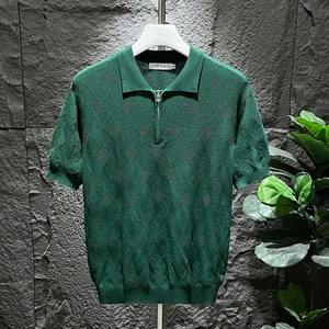 Polo d'été pour hommes, manches courtes en soie de glace tendance, haut rétro classique avec veines à grille solide, coupe ajustée, t-shirts amples - Product Image 1
