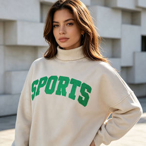 Womens Mock Neck Sweatshirt Slouchy <b>Drop</b> Shoulder White Custom Pink Varsity Graphic Pullover Fleece - Product Image 4